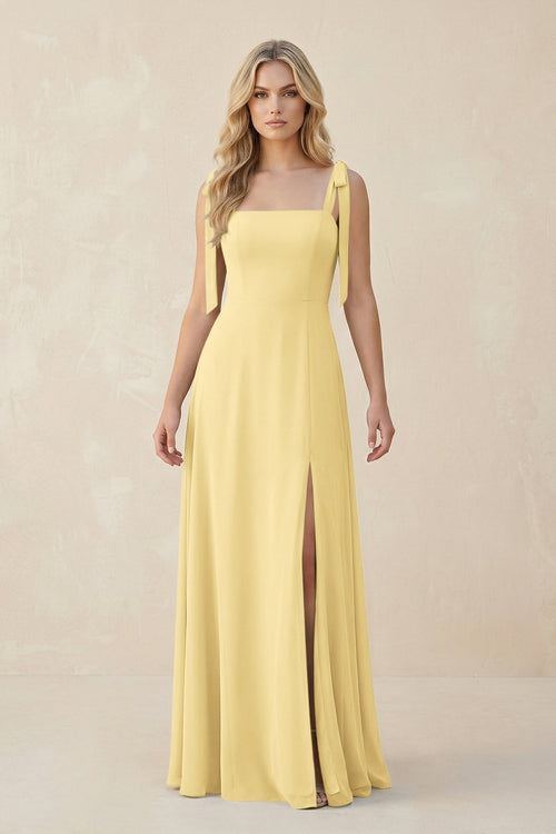 Square Neck Chiffon A - Line Bridesmaid Dress With Bow in Pastel Yellow - KissProm Bridesmaid Dresses