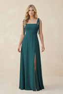 Square Neck Chiffon A - Line Bridesmaid Dress With Bow in Pine - KissProm Bridesmaid Dresses