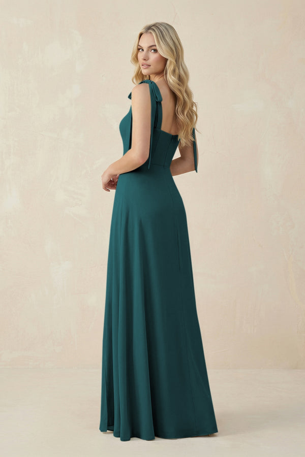 Square Neck Chiffon A - Line Bridesmaid Dress With Bow in Pine - KissProm Bridesmaid Dresses