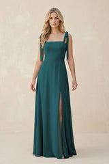 Square Neck Chiffon A - Line Bridesmaid Dress With Bow in Pine - KissProm Bridesmaid Dresses