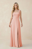 Square Neck Chiffon A - Line Bridesmaid Dress With Bow in Rose Petal - KissProm Bridesmaid Dresses