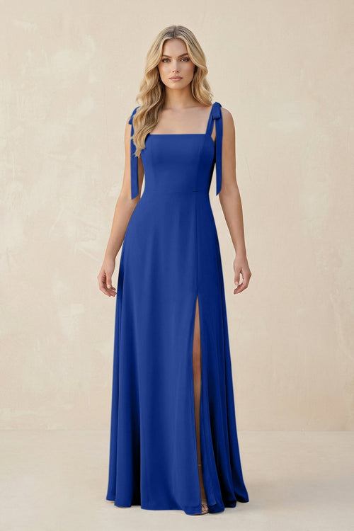 Square Neck Chiffon A - Line Bridesmaid Dress With Bow in Royal Blue - KissProm Bridesmaid Dresses
