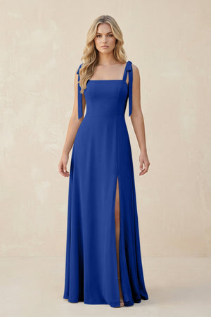 Square Neck Chiffon A - Line Bridesmaid Dress With Bow in Royal Blue - KissProm Bridesmaid Dresses
