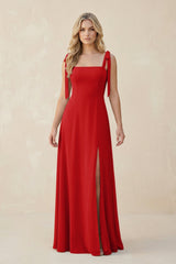 Square Neck Chiffon A - Line Bridesmaid Dress With Bow in Ruby Red - KissProm Bridesmaid Dresses