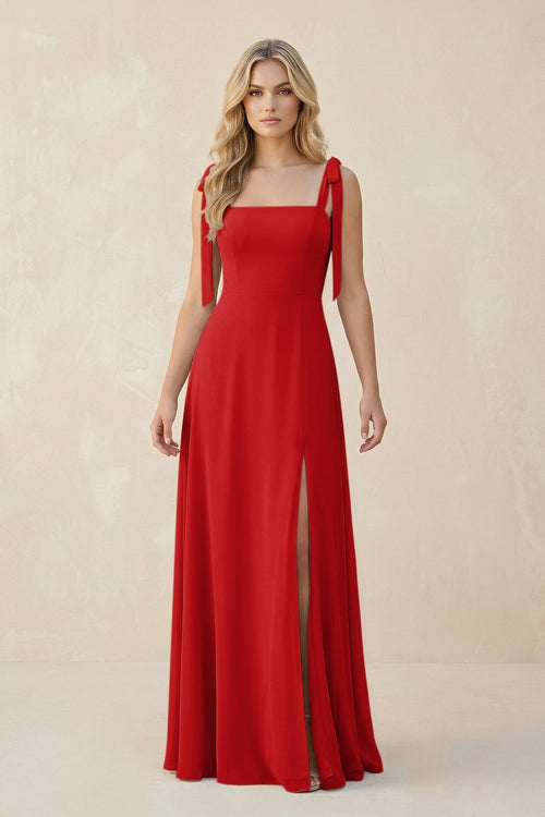 Square Neck Chiffon A - Line Bridesmaid Dress With Bow in Ruby Red - KissProm Bridesmaid Dresses