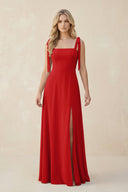Square Neck Chiffon A - Line Bridesmaid Dress With Bow in Ruby Red - KissProm Bridesmaid Dresses