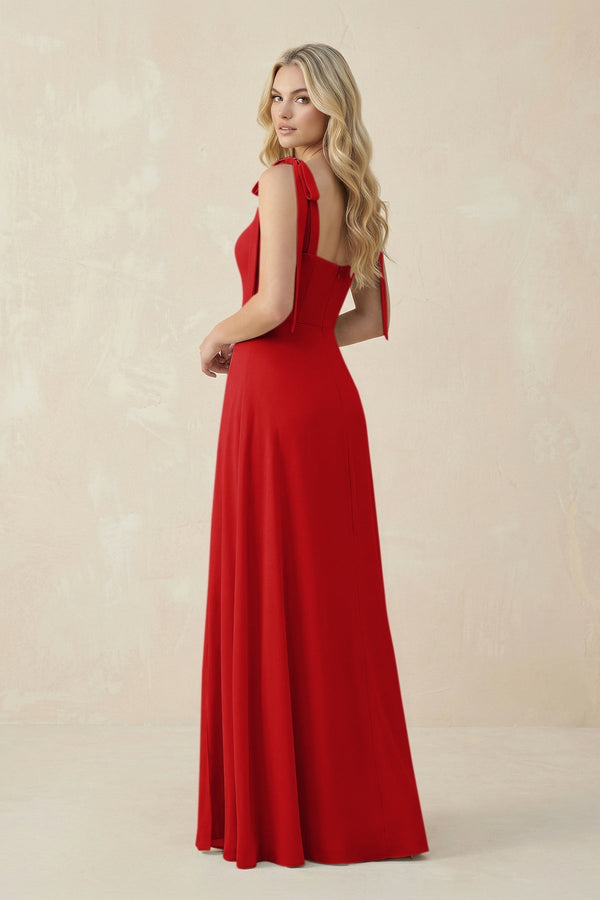 Square Neck Chiffon A - Line Bridesmaid Dress With Bow in Ruby Red - KissProm Bridesmaid Dresses