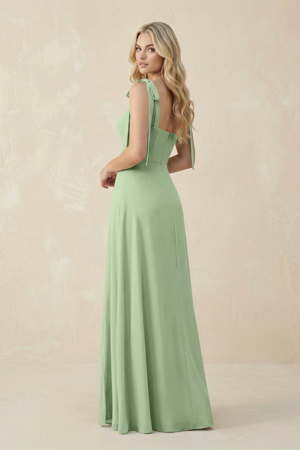 Square Neck Chiffon A - Line Bridesmaid Dress With Bow in Sage - KissProm Bridesmaid Dresses