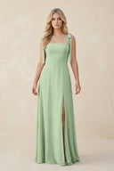Square Neck Chiffon A - Line Bridesmaid Dress With Bow in Sage - KissProm Bridesmaid Dresses