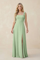 Square Neck Chiffon A - Line Bridesmaid Dress With Bow in Sage - KissProm Bridesmaid Dresses
