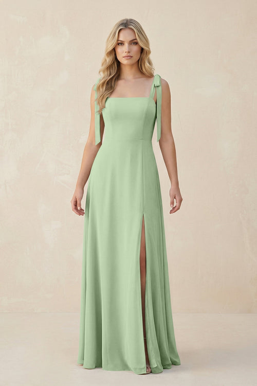 Square Neck Chiffon A - Line Bridesmaid Dress With Bow in Sage - KissProm Bridesmaid Dresses