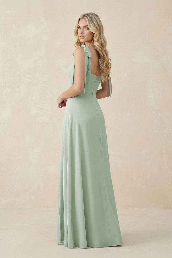 Square Neck Chiffon A - Line Bridesmaid Dress With Bow in Sage - KissProm Bridesmaid Dresses