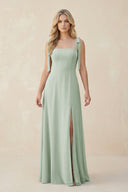 Square Neck Chiffon A - Line Bridesmaid Dress With Bow in Sage - KissProm Bridesmaid Dresses
