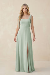 Square Neck Chiffon A - Line Bridesmaid Dress With Bow in Sage - KissProm Bridesmaid Dresses