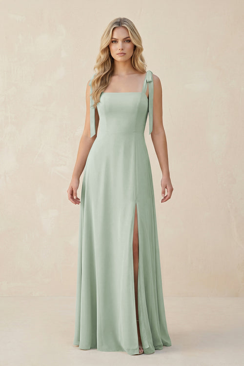 Square Neck Chiffon A - Line Bridesmaid Dress With Bow in Sage - KissProm Bridesmaid Dresses