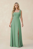 Square Neck Chiffon A - Line Bridesmaid Dress With Bow in Sea Glass - KissProm Bridesmaid Dresses