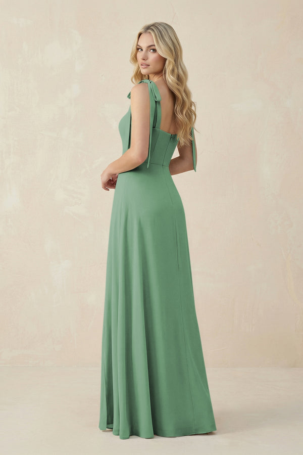 Square Neck Chiffon A - Line Bridesmaid Dress With Bow in Sea Glass - KissProm Bridesmaid Dresses