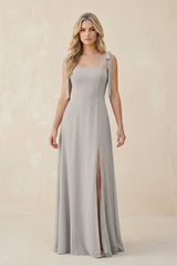 Square Neck Chiffon A - Line Bridesmaid Dress With Bow in Silver - KissProm Bridesmaid Dresses