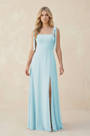 Square Neck Chiffon A - Line Bridesmaid Dress With Bow in Sky Blue - KissProm Bridesmaid Dresses
