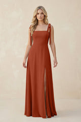 Square Neck Chiffon A - Line Bridesmaid Dress With Bow in Spice - KissProm Bridesmaid Dresses