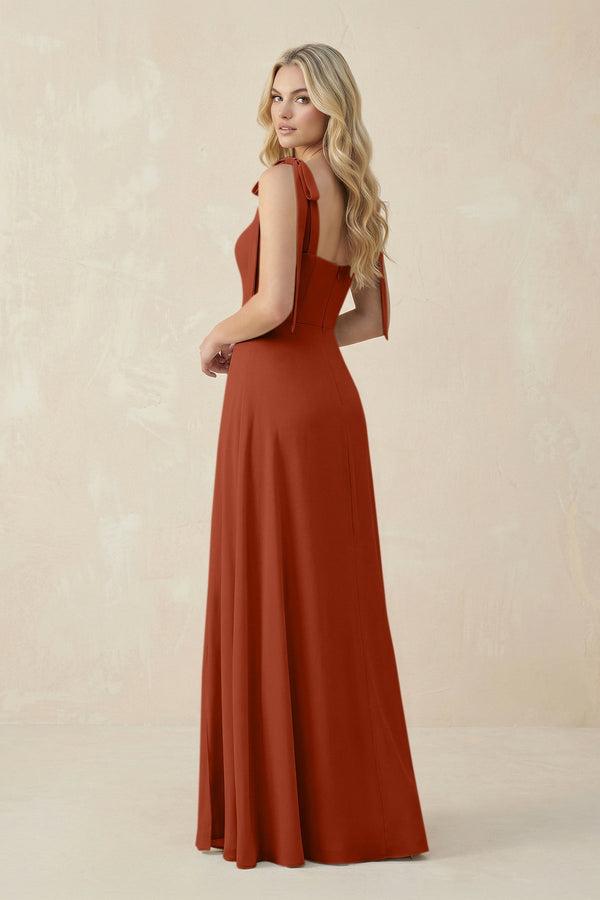 Square Neck Chiffon A - Line Bridesmaid Dress With Bow in Spice - KissProm Bridesmaid Dresses