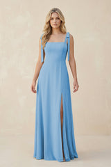 Square Neck Chiffon A - Line Bridesmaid Dress With Bow in Steel Blue - KissProm Bridesmaid Dresses