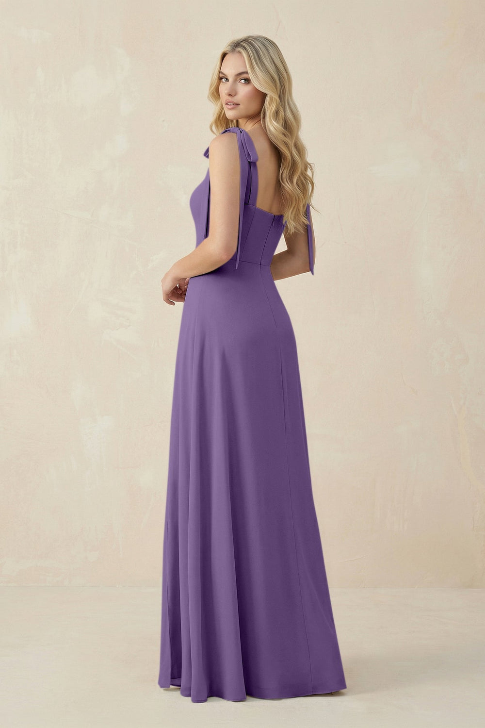 Square Neck Chiffon A - Line Bridesmaid Dress With Bow in Tahiti - KissProm Bridesmaid Dresses