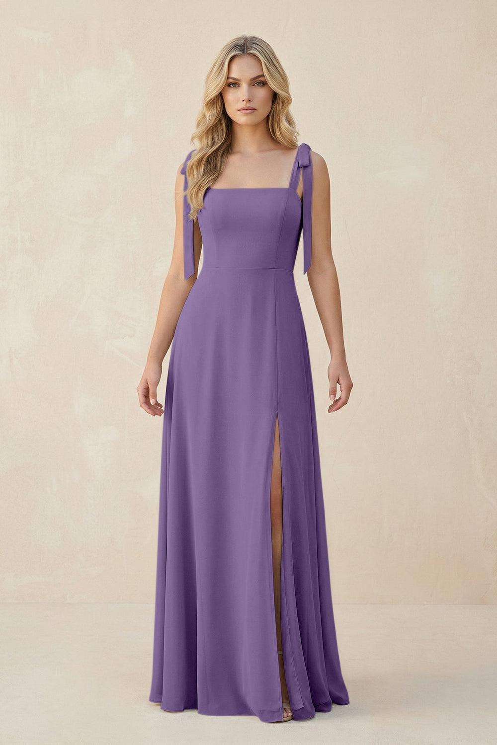Square Neck Chiffon A - Line Bridesmaid Dress With Bow in Tahiti - KissProm Bridesmaid Dresses