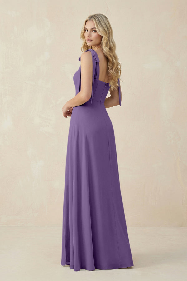 Square Neck Chiffon A - Line Bridesmaid Dress With Bow in Tahiti - KissProm Bridesmaid Dresses