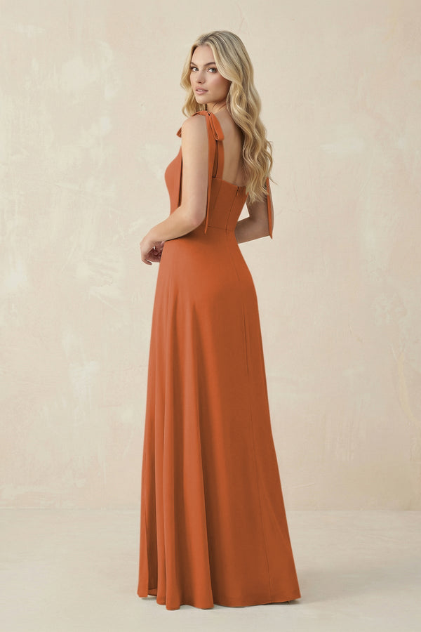 Square Neck Chiffon A - Line Bridesmaid Dress With Bow in Terracotta - KissProm Bridesmaid Dresses