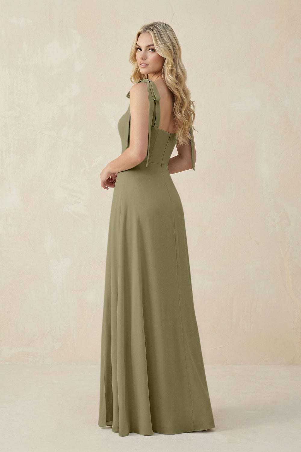 Square Neck Chiffon A - Line Bridesmaid Dress With Bow in Thyme - KissProm Bridesmaid Dresses