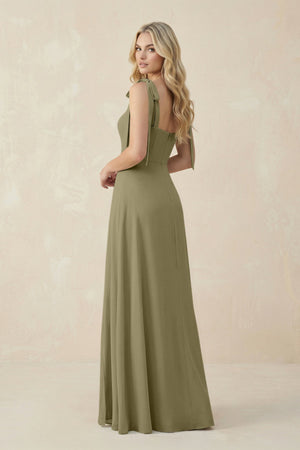 Square Neck Chiffon A - Line Bridesmaid Dress With Bow in Thyme - KissProm Bridesmaid Dresses