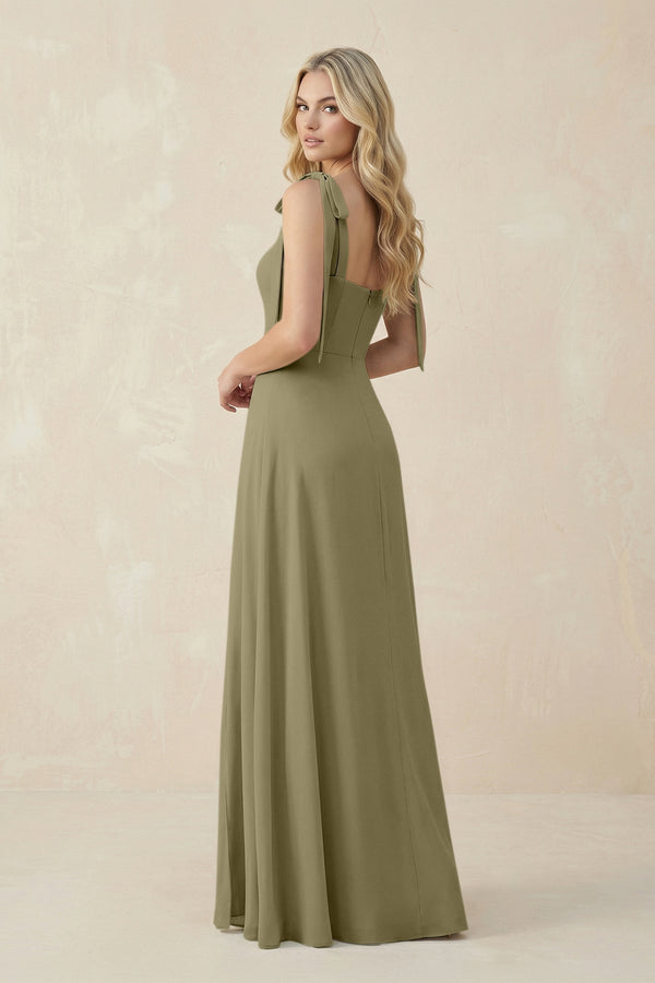 Square Neck Chiffon A - Line Bridesmaid Dress With Bow in Thyme - KissProm Bridesmaid Dresses