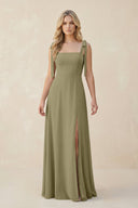 Square Neck Chiffon A - Line Bridesmaid Dress With Bow in Thyme - KissProm Bridesmaid Dresses