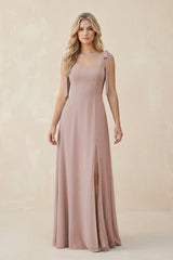 Square Neck Chiffon A - Line Bridesmaid Dress With Bow in Toffee - KissProm Bridesmaid Dresses