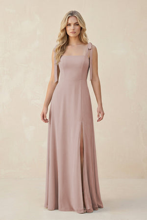Square Neck Chiffon A - Line Bridesmaid Dress With Bow in Toffee - KissProm Bridesmaid Dresses