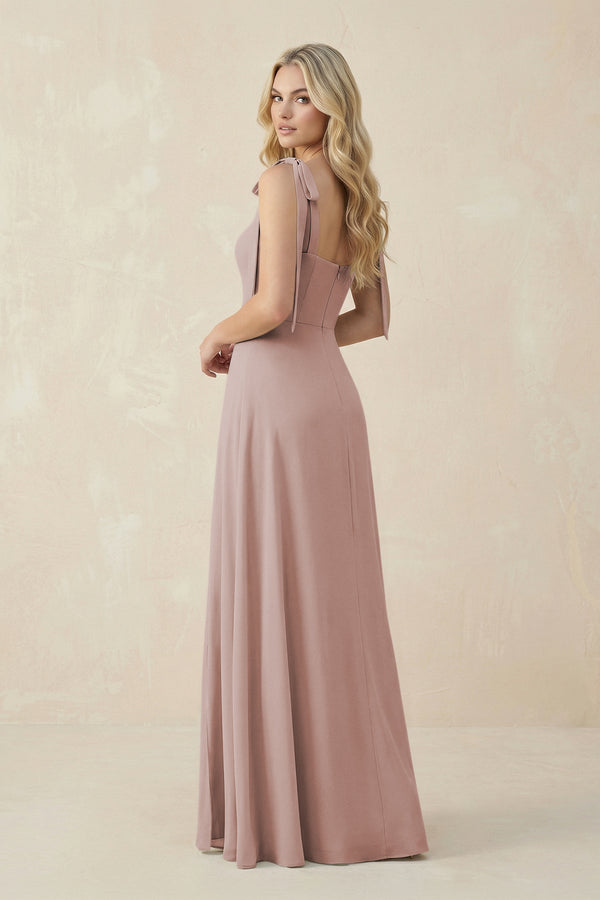 Square Neck Chiffon A - Line Bridesmaid Dress With Bow in Toffee - KissProm Bridesmaid Dresses