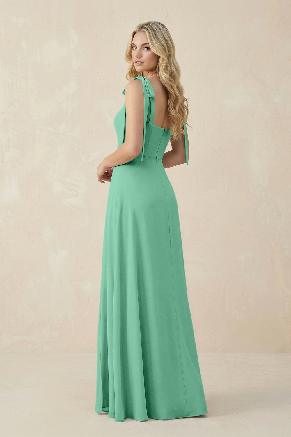 Square Neck Chiffon A - Line Bridesmaid Dress With Bow in Turquoise - KissProm Bridesmaid Dresses