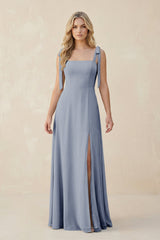 Square Neck Chiffon A - Line Bridesmaid Dress With Bow in Twilight - KissProm Bridesmaid Dresses