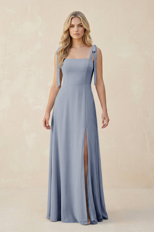 Square Neck Chiffon A - Line Bridesmaid Dress With Bow in Twilight - KissProm Bridesmaid Dresses