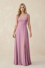 Square Neck Chiffon A - Line Bridesmaid Dress With Bow in Vintage Mauve - KissProm Bridesmaid Dresses