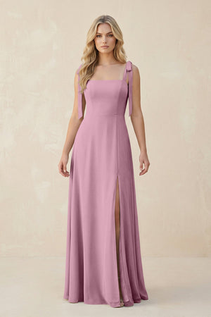 Square Neck Chiffon A - Line Bridesmaid Dress With Bow in Vintage Mauve - KissProm Bridesmaid Dresses