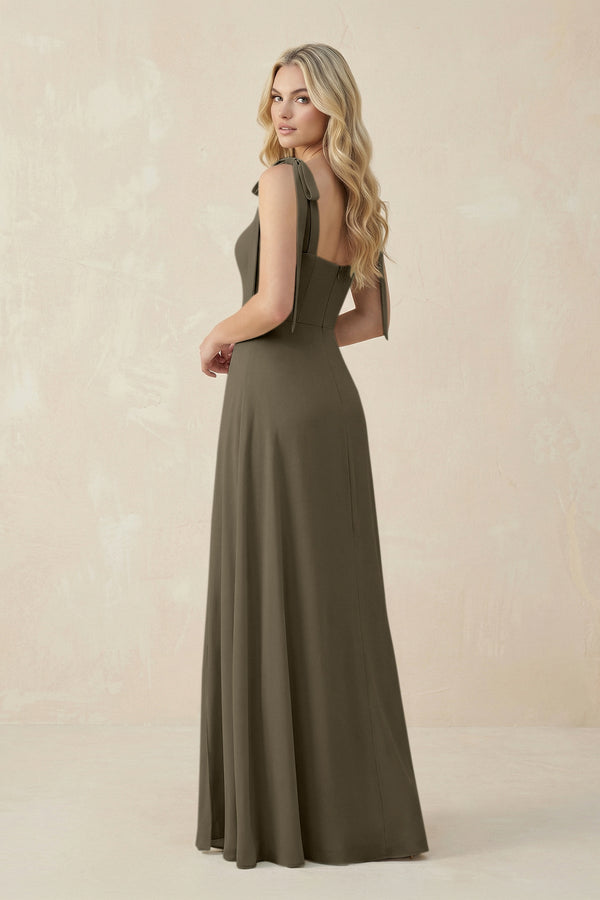 Square Neck Chiffon A - Line Bridesmaid Dress With Bow in Willow Green - KissProm Bridesmaid Dresses