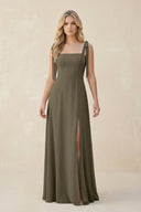 Square Neck Chiffon A - Line Bridesmaid Dress With Bow in Willow Green - KissProm Bridesmaid Dresses