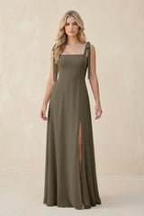 Square Neck Chiffon A - Line Bridesmaid Dress With Bow in Willow Green - KissProm Bridesmaid Dresses