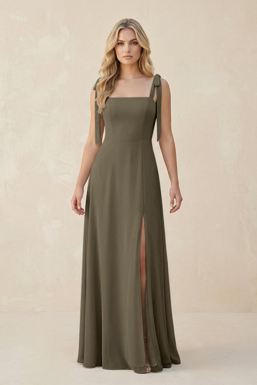 Square Neck Chiffon A - Line Bridesmaid Dress With Bow in Willow Green - KissProm Bridesmaid Dresses