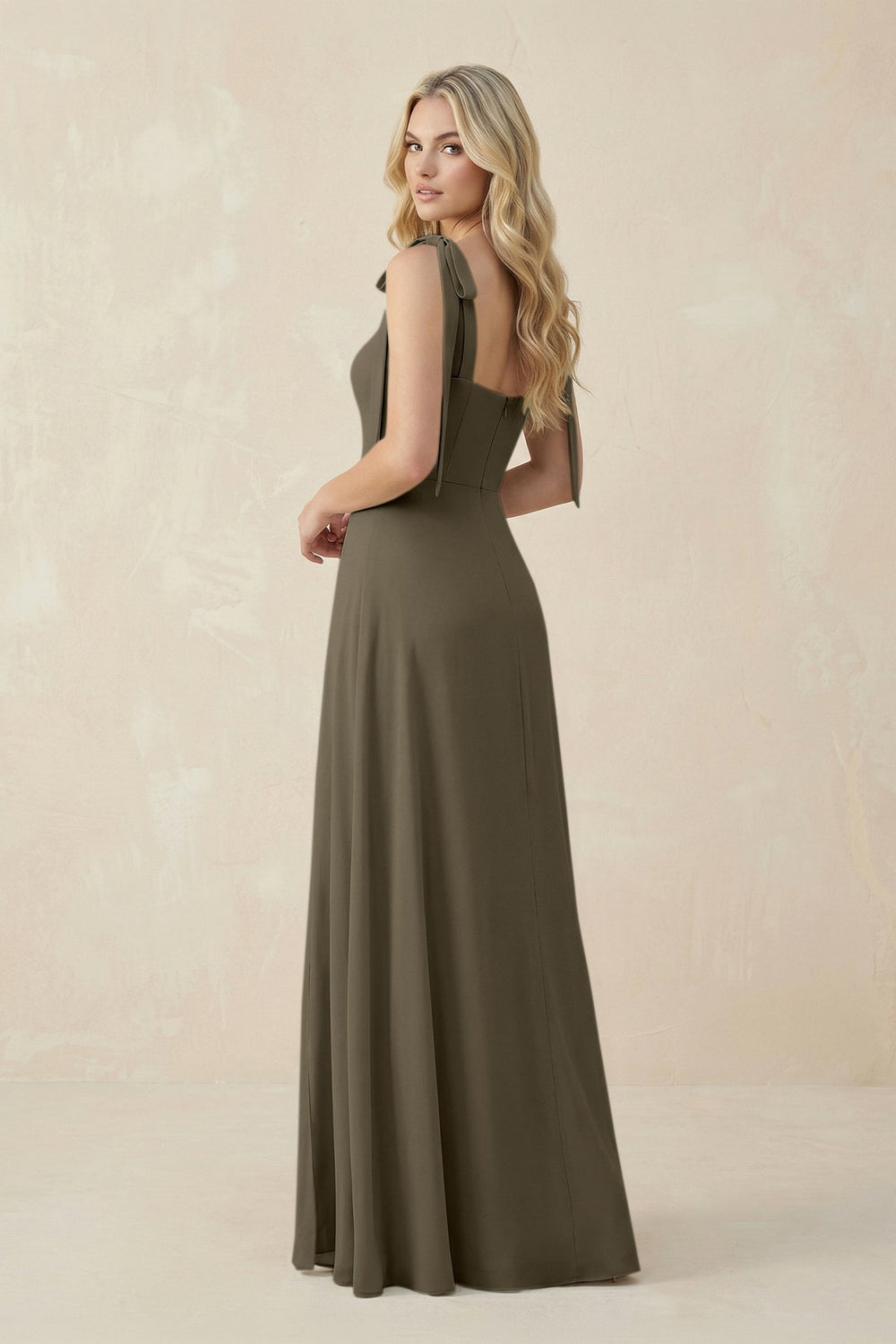 Square Neck Chiffon A - Line Bridesmaid Dress With Bow in Willow Green - KissProm Bridesmaid Dresses