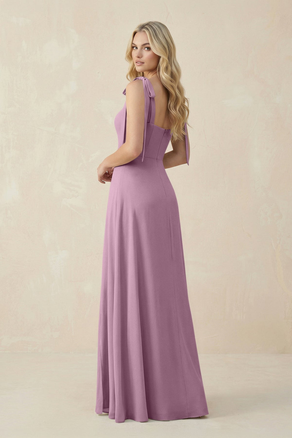 Square Neck Chiffon A - Line Bridesmaid Dress With Bow in Wisteria - KissProm Bridesmaid Dresses