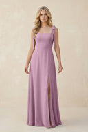 Square Neck Chiffon A - Line Bridesmaid Dress With Bow in Wisteria - KissProm Bridesmaid Dresses