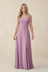 Square Neck Chiffon A - Line Bridesmaid Dress With Bow in Wisteria - KissProm Bridesmaid Dresses